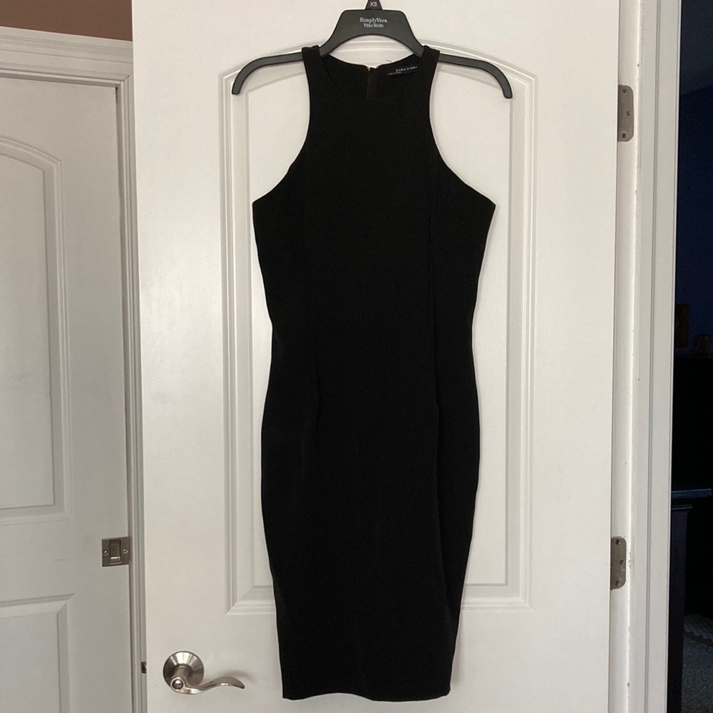 Zara Sleeveless Zipper Sheath Little Black Midi Dress - M